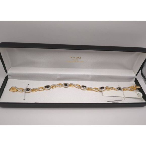 New Ross Simons 18KYGP/925SS Genuine Sapphire & Diamond Tennis Bracelet - Picture 1 of 7